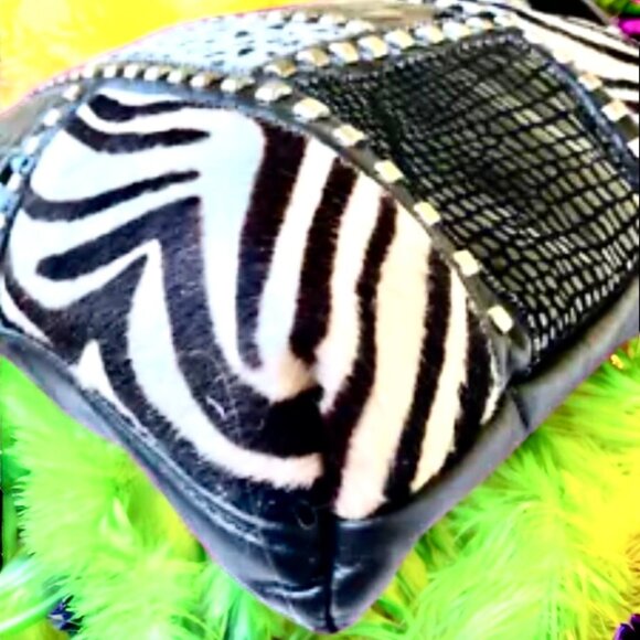 Vintage Genuine Leather Calf Hair Patchwork Shoulder Bag Mixed Prints - Picture 2 of 14